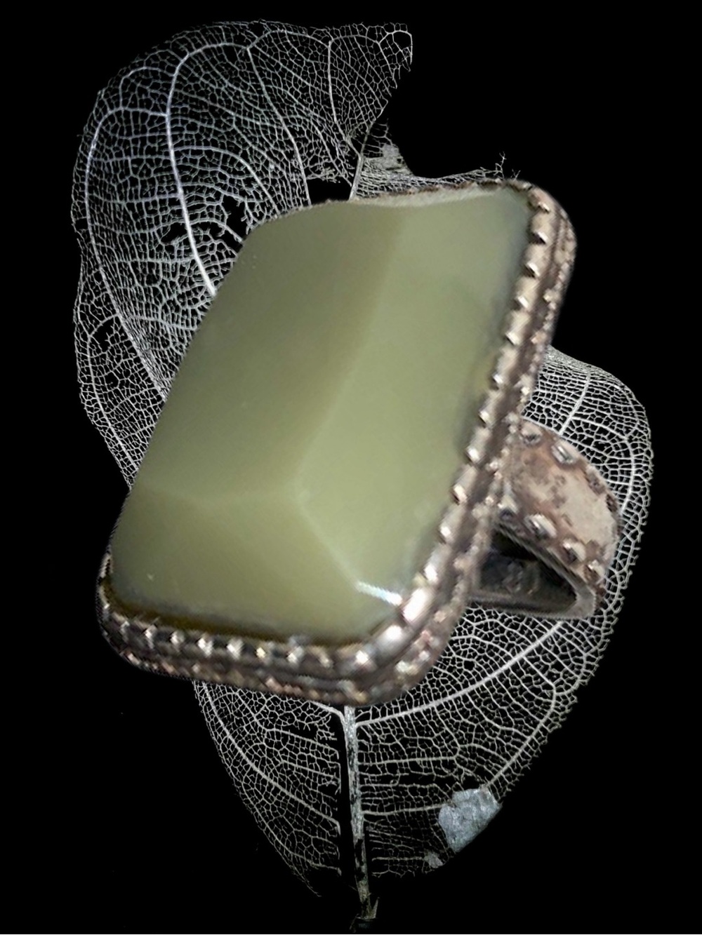 Antiqued Jade & Silver Ornamental Statement Ring size 8/8.5” Victorian Style